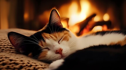 Calico cat sleeping peacefully near cozy fireplace on knitted blanket, warm orange glow illuminates soft fur creating relaxing domestic atmosphere.