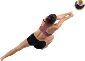 Female volleyball player diving sideways for defensive dig isolated on transparent background. Concept of agility, quick reaction, teamwork, and high-intensity volleyball defense.
