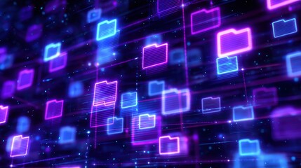 Abstract network grid with files and folders, futuristic software interface, digital document management system, store, search and organize documents, corporate business, paperless office	

