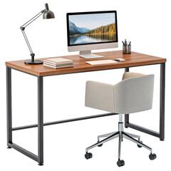 Modern wooden desk with computer and chair isolated on transparent background