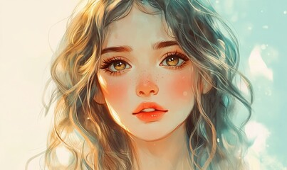 Beautiful Portrait of an Anime Girl with Golden Eyes and Wavy Hair