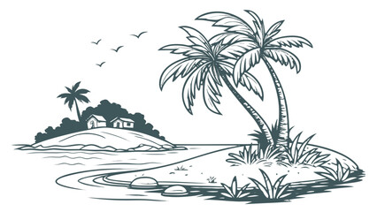Tropical Paradise Island – Vector Illustration of a Small Island with Palm Trees, Isolated on Transparent Background