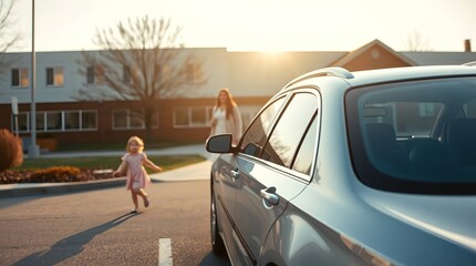 Joyful child runs towards waiting mother by car bathed in warm golden hour sunlight, evoking family travel and carefree moments.