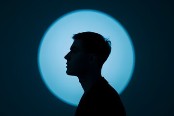 Silhouette of a man s head against a glowing blue circle of light.