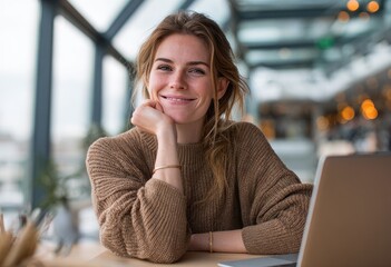 Smiling woman at a table with a laptop computer.