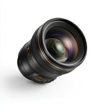 High-quality, professional-grade camera lens with a wide aperture, showcasing intricate internal components and a sleek, black design with gold accents