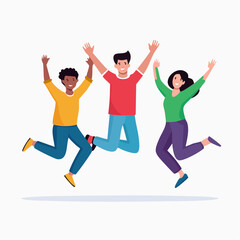 Three joyful friends leap into the air, celebrating together with arms raised high.