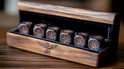 Handcrafted wooden box with engraved eagle logo containing polyhedral gaming dice featuring copper leaf design on dark background, suitable for tabletop gaming accessories.