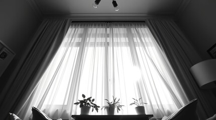 Bright modern living room interior with sheer curtains and potted plants bathed in natural sunlight