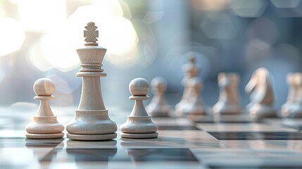 Chess Queen and Pawns 3D Illustration for Business Strategy Concept. Clear Focus with Sunlit Contrasts and Blurred Background.