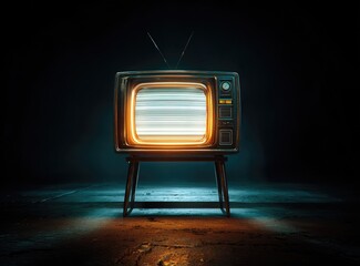 Vintage Television Set Illuminated in Dark Room.