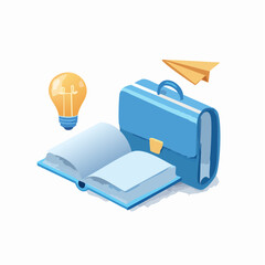 Illustration of an open book, a lightbulb, a briefcase, and a paper airplane against a white background.