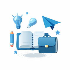 Blue book, briefcase, lightbulb, paper airplane, and pencil, representing education and creativity.