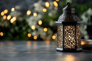 Ornate metal lantern with glowing warm light inside on dark surface against blurred bokeh background, creating cozy atmospheric mood for holiday decor.