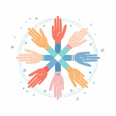 Diverse hands joined in a circular pattern, symbolizing unity and collaboration.