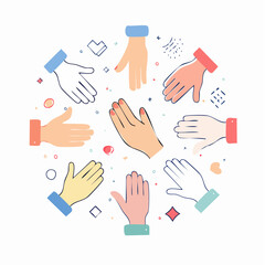A colorful illustration of various hands in different positions, arranged in a circular design.