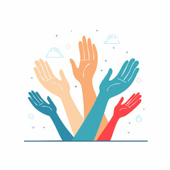 Several colorful hands are raised upwards in a gesture of participation, support, or unity, with decorative elements in the background.