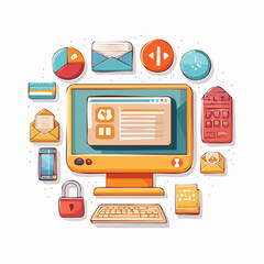 A desktop computer surrounded by digital communication and data management icons.