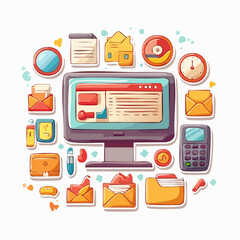 A colorful cartoon illustration of various office and technology related objects arranged in a circular composition.
