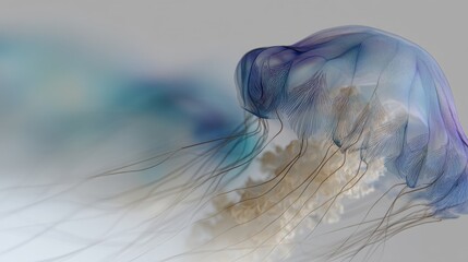 Digital illustration of a jellyfish. the jellyfish is in the center of the image, with its body facing towards the left side of the frame.