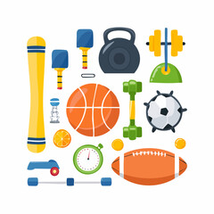 A collection of various sports equipment and fitness items arranged on a white background.