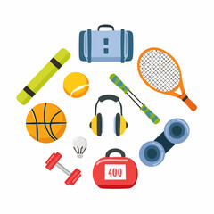Colorful graphic design of various sports and travel equipment arranged in a circular pattern.