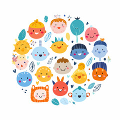 A whimsical illustration of various cartoon faces arranged in a circular pattern, featuring smiling expressions.