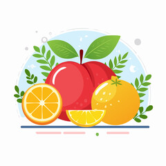 Vibrant illustration of a peach, oranges, and orange slices, surrounded by leaves.