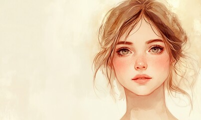 Beautiful portrait of a girl with freckles in watercolor painting style