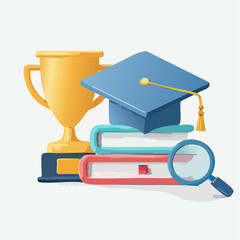 Illustration depicting education, achievement, and academic success with books and a trophy.