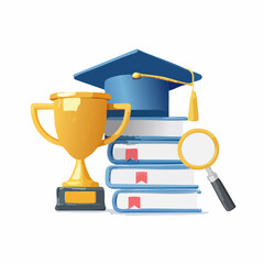 A gold trophy, graduation cap, and magnifying glass rest atop a stack of books, symbolizing academic achievement and success.