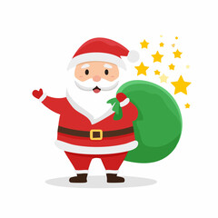Cartoon Santa Claus waving and carrying a green sack, with stars sparkling behind him.