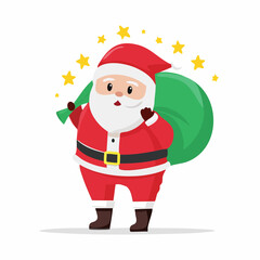 Cartoon Santa Claus carrying a large green sack, radiating festive cheer.