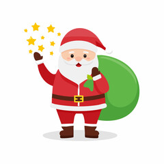 Cheerful Santa Claus magically scattering stars, carrying a large gift sack.