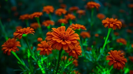 Vibrant orange marigolds bloom in lush green garden, capturing nature's radiant energy and beauty for captivating designs.
