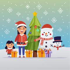 Two children, a snowman, and a Christmas tree, celebrating the holidays in a festive winter scene.