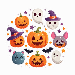 Whimsical Halloween illustration featuring pumpkins, ghosts, bats, and other festive characters arranged in a circular composition.