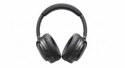 A pair of stylish black headphones, perfectly positioned. The headphones feature a sleek design with soft earcups, offering comfort and quality.
