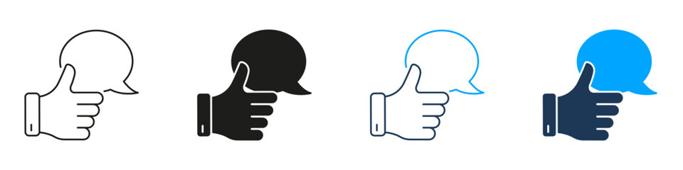 Thumbs Up With Speech Bubble Line And Solid Icon Set. Positive Feedback, Approval Comment Symbol Collection. Social Media Interaction. Isolated Vector Illustration