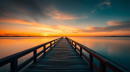 Stunning wooden pier stretches into tranquil ocean waters under a vibrant sunset sky, inviting serene contemplation and adventure.