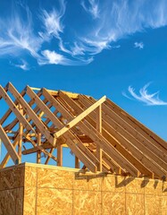 Obraz premium House under construction with wooden roof frame against a clear blue sky