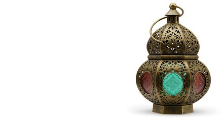 An ornate lantern stands as a beautiful display of intricate design and cultural heritage. The lantern is crafted with a metal frame with detailed cutouts.