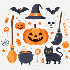 Halloween themed collection of decorative elements, including pumpkins, bats, a witch's hat, a cauldron, and a black cat.