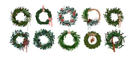 Christmas wreaths set. Round ornaments, winter holiday decor from green twigs, leaves, fir branches, cones, decorative ribbons. Festive Xmas decorations, circle adornments. Flat vector illustration
