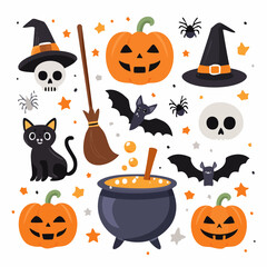 A festive illustration featuring Halloween elements, including pumpkins, bats, and witch hats.