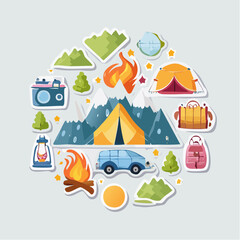 Camping themed sticker set featuring a tent, mountains, car, campfire, camera, backpack, and other outdoor adventure elements.