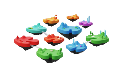 Colorful Floating Islands Connected by Pathways in a Black Void, rendered art