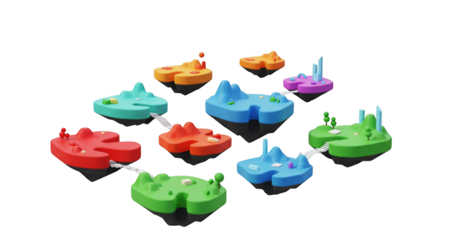 Colorful Floating Islands Connected by Pathways in a Black Void, rendered art