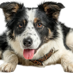  Charismatic typical black and white young adult Border Collie dog, laying down side ways. Looking straight to camera while licking mouth. Isolated cutout on transparent background.png