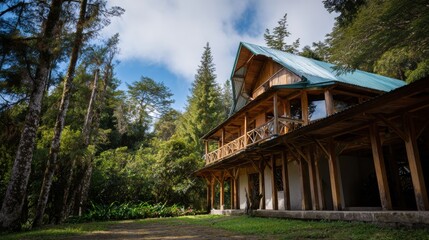 Rustic eco lodge nestled in lush mountain forest, showcasing sustainable architecture with wooden beams and green roof, surrounded by tall trees and vibrant greenery